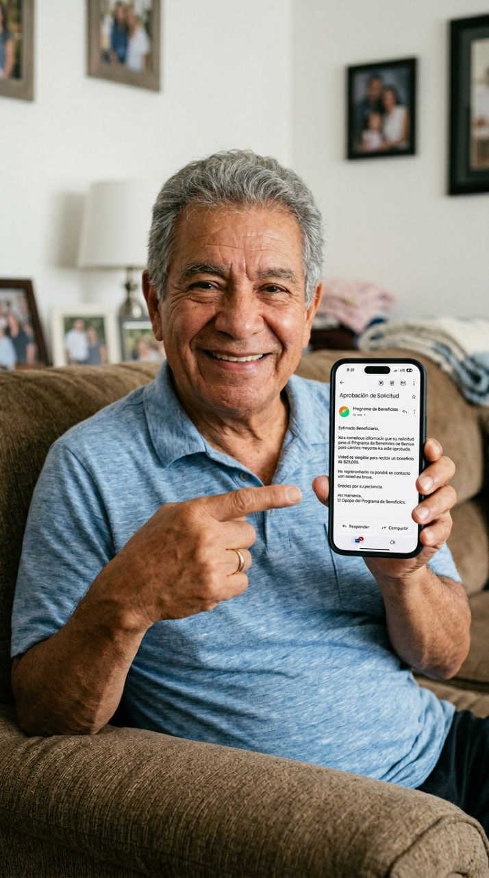 Adulto mayor hispano sonriendo mostrando su aprobación en el teléfono